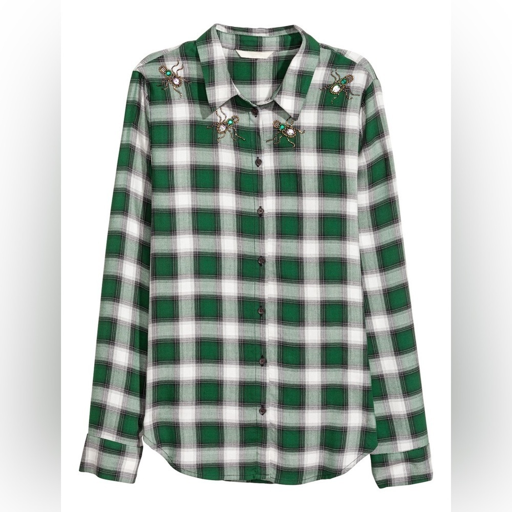H&M Women’s Plaid Button Down Beetle Beaded Embellished Top Green/White 4